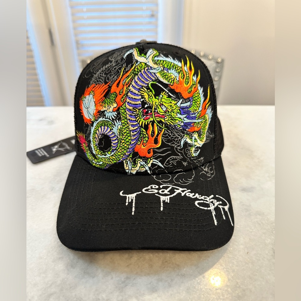 Ed Hardy Embroidered Dragon Snapback Hat-Black